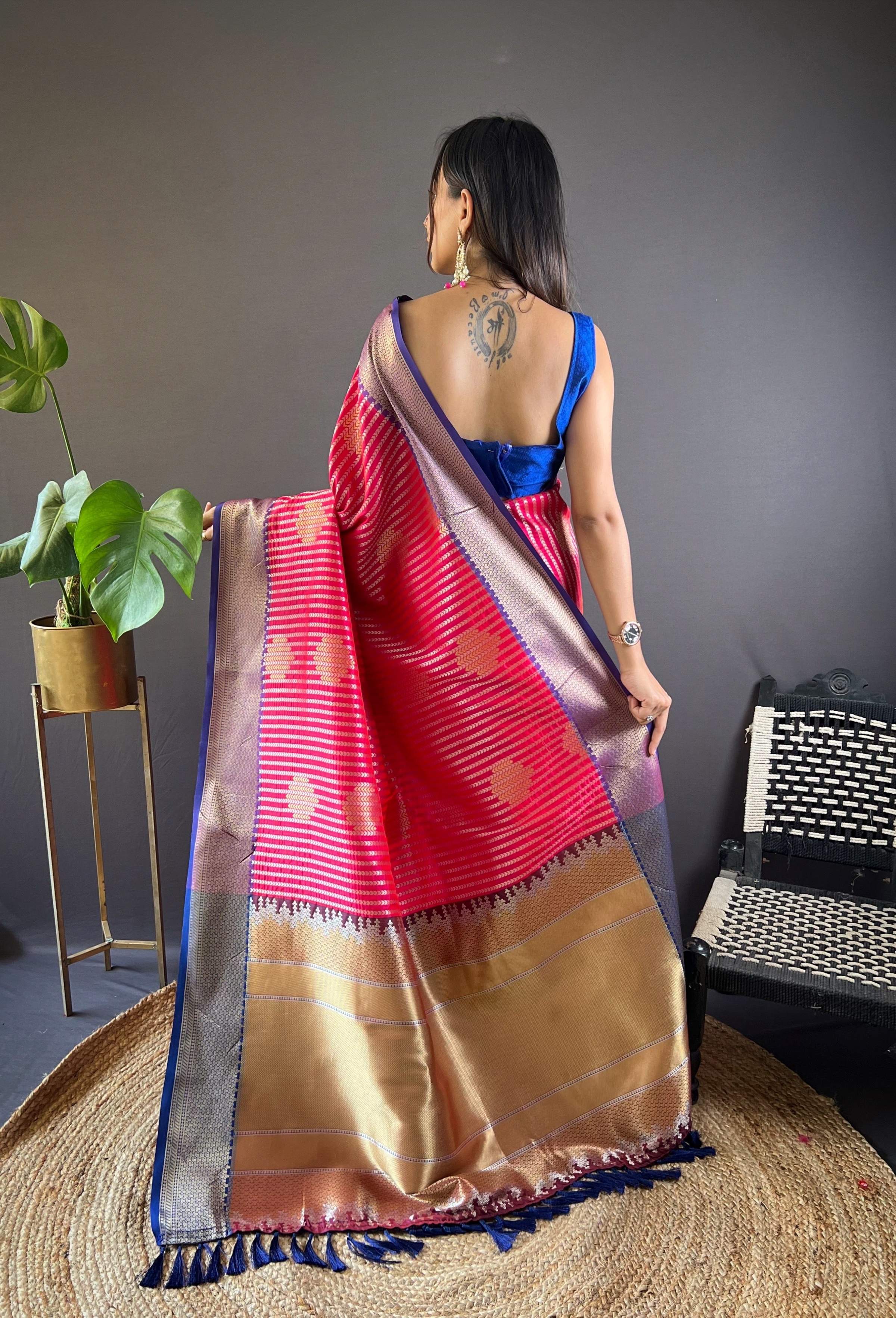 Sonakshi Women's Maharani Banarasi Silk Zari Woven Traditional Saree with Blouse | Grocsy