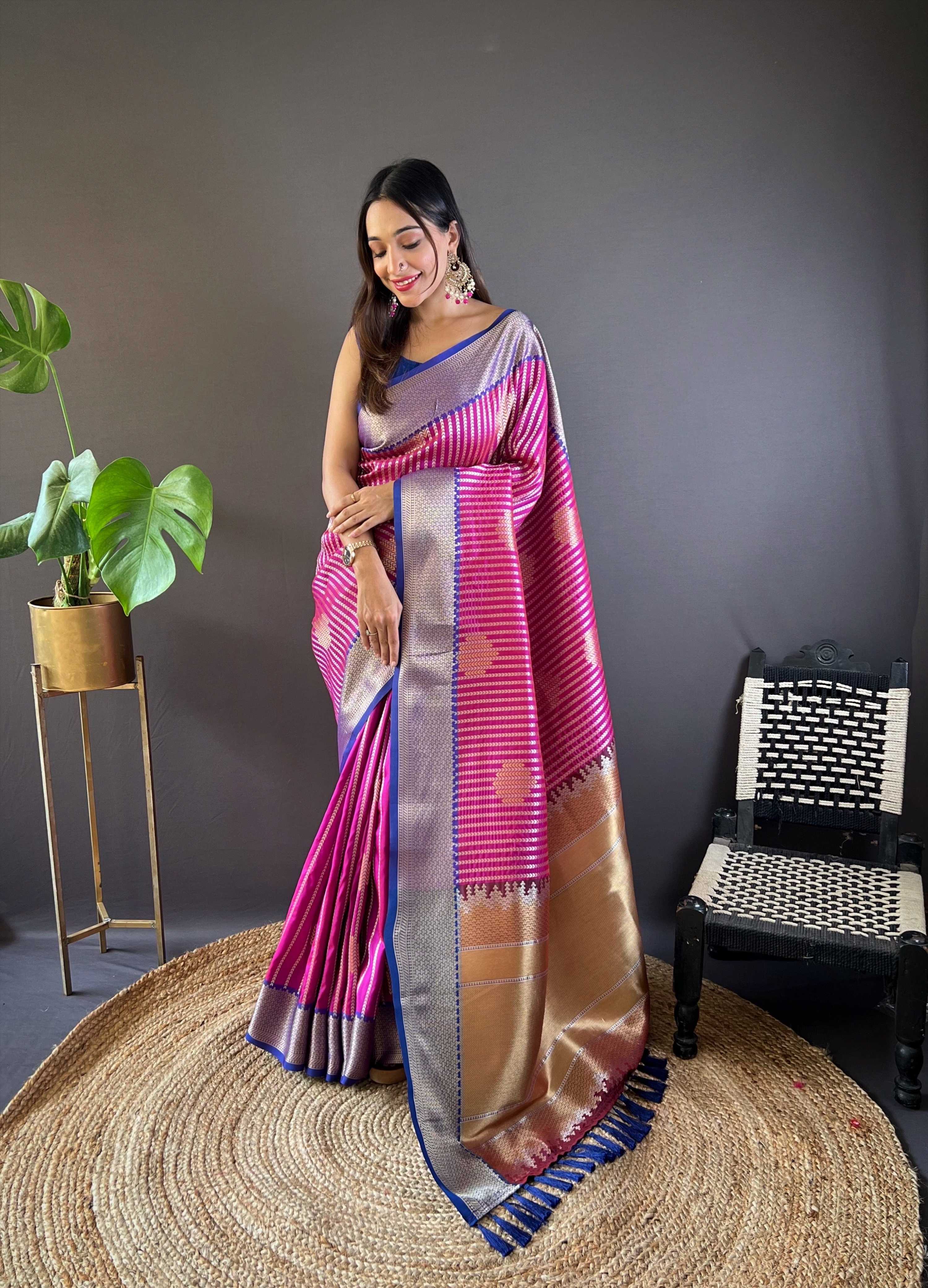 Sonakshi Women's Purple Banarasi Silk Zari Woven Traditional Saree with Blouse | Grocsy