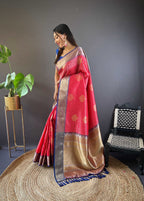 Sonakshi Women's Red Banarasi Silk Zari Woven Traditional Saree with Blouse | Grocsy