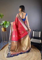 Sonakshi Women's Red Banarasi Silk Zari Woven Traditional Saree with Blouse | Grocsy