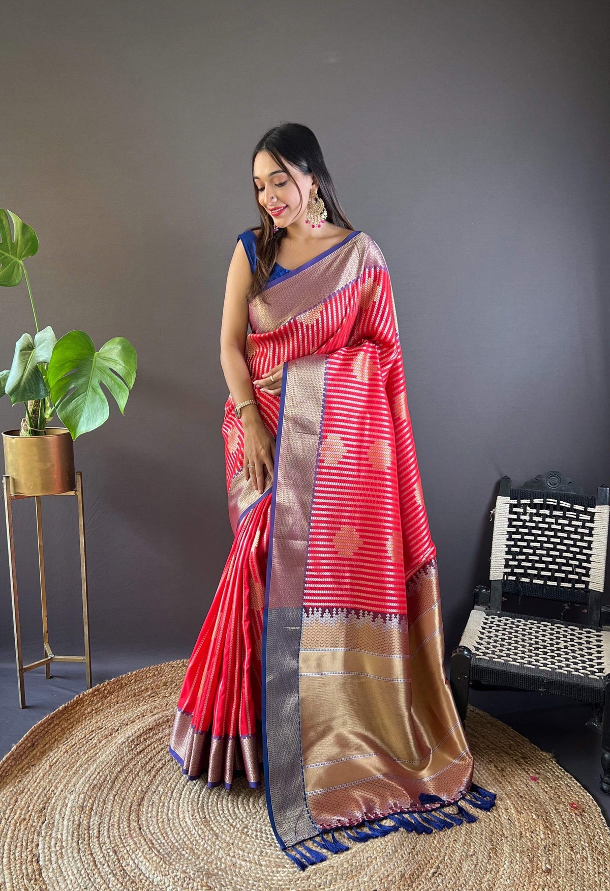 Sonakshi Women's Red Banarasi Silk Zari Woven Traditional Saree with Blouse | Grocsy