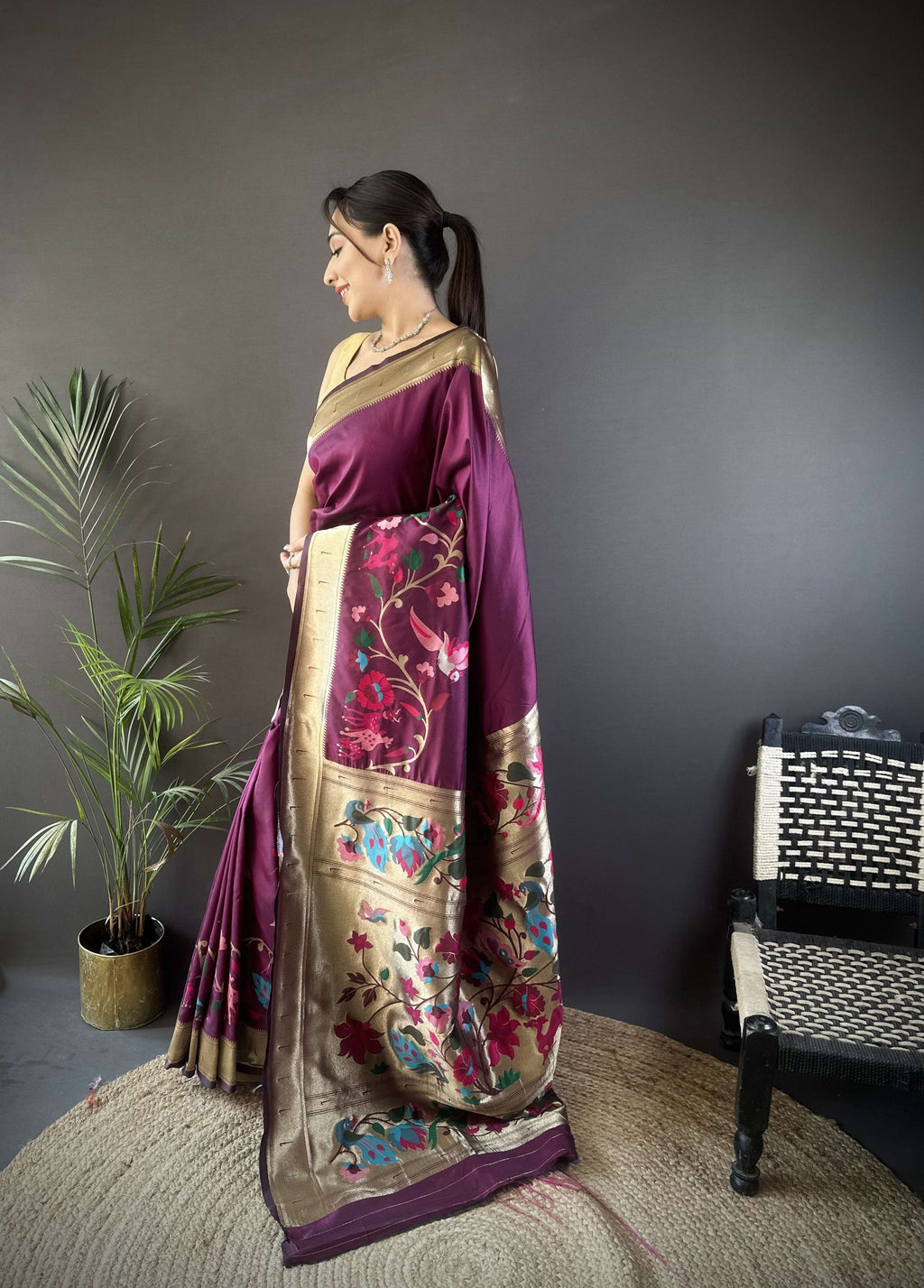 Sonakshi Women's Wine Paithani Silk Zari Woven Traditional Saree with Blouse | Grocsy
