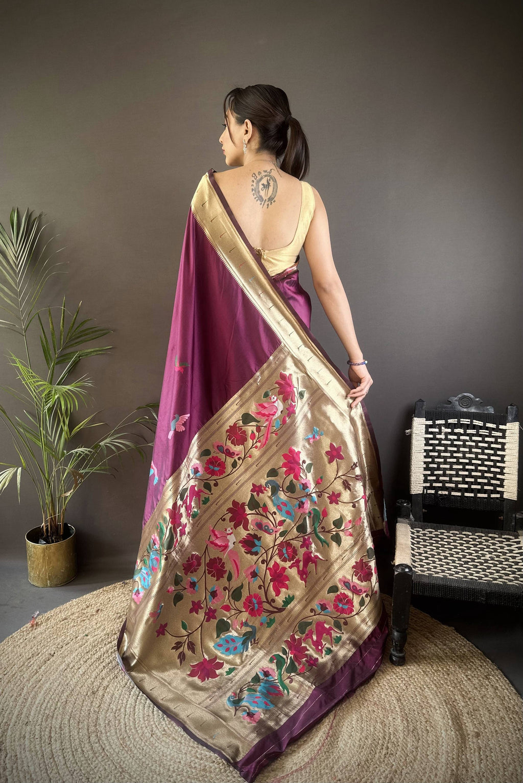 Sonakshi Women's Wine Paithani Silk Zari Woven Traditional Saree with Blouse | Grocsy