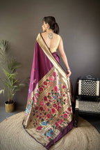 Sonakshi Women's Wine Paithani Silk Zari Woven Traditional Saree with Blouse | Grocsy