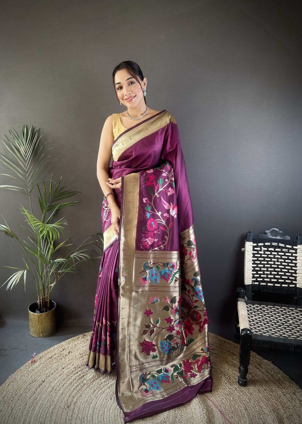 Sonakshi Women's Wine Paithani Silk Zari Woven Traditional Saree with Blouse | Grocsy