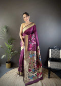 Sonakshi Women's Wine Paithani Silk Zari Woven Traditional Saree with Blouse | Grocsy