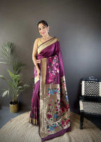 Sonakshi Women's Wine Paithani Silk Zari Woven Traditional Saree with Blouse | Grocsy