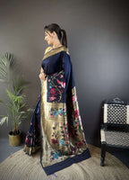 Sonakshi Women's Navy Blue Paithani Silk Zari Woven Traditional Saree with Blouse | Grocsy