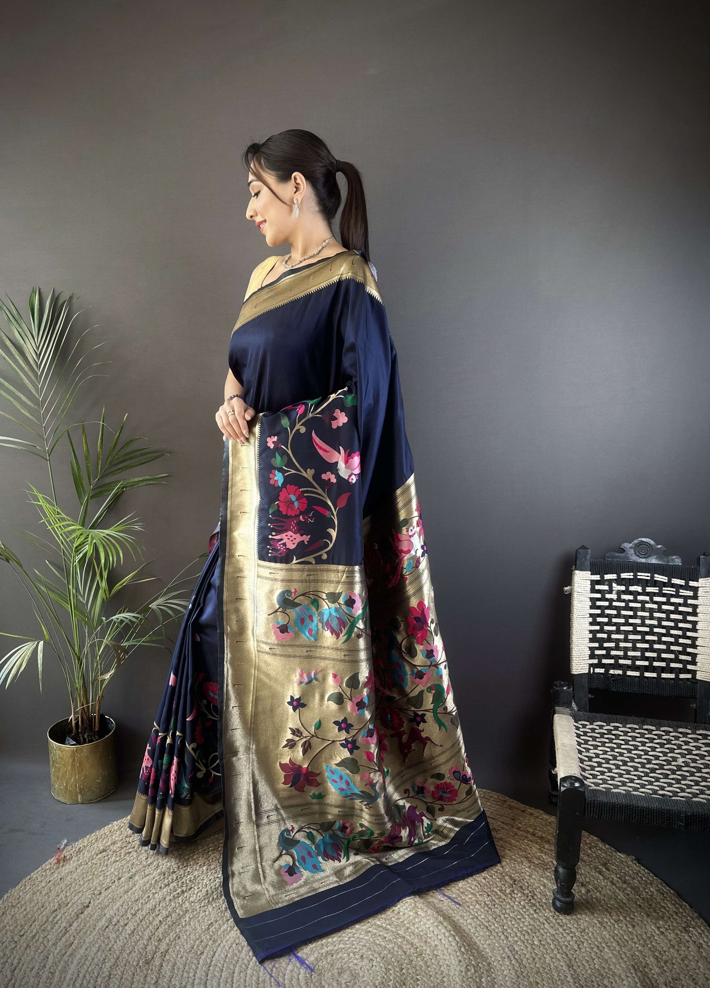 Sonakshi Women's Navy Blue Paithani Silk Zari Woven Traditional Saree with Blouse | Grocsy