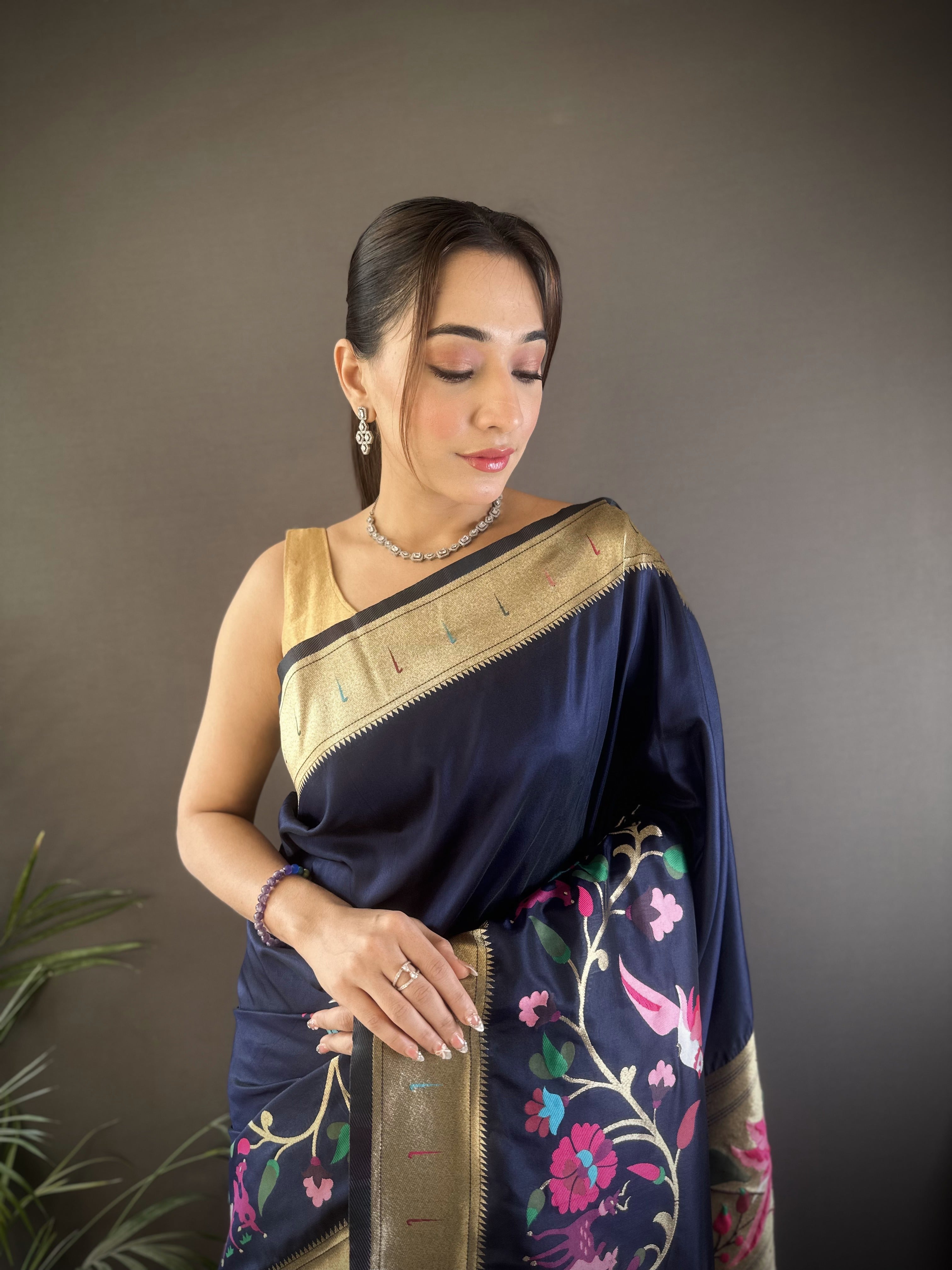 Sonakshi Women's Navy Blue Paithani Silk Zari Woven Traditional Saree with Blouse | Grocsy