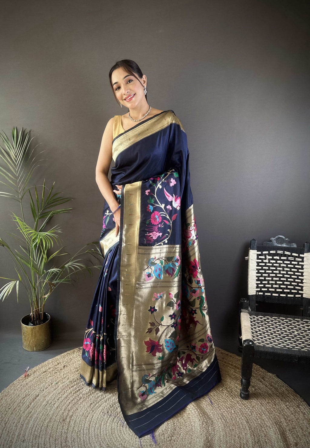 Sonakshi Women's Navy Blue Paithani Silk Zari Woven Traditional Saree with Blouse | Grocsy