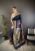 Sonakshi Women's Navy Blue Paithani Silk Zari Woven Traditional Saree with Blouse | Grocsy