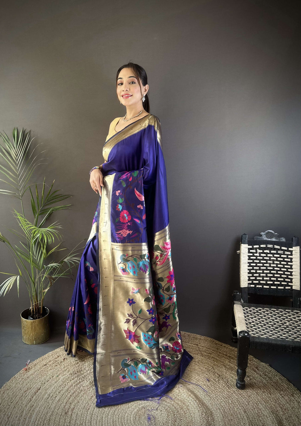 Sonakshi Women's Royal Blue Paithani Silk Zari Woven Traditional Saree with Blouse | Grocsy