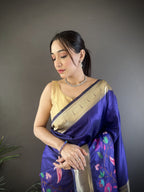 Sonakshi Women's Royal Blue Paithani Silk Zari Woven Traditional Saree with Blouse | Grocsy