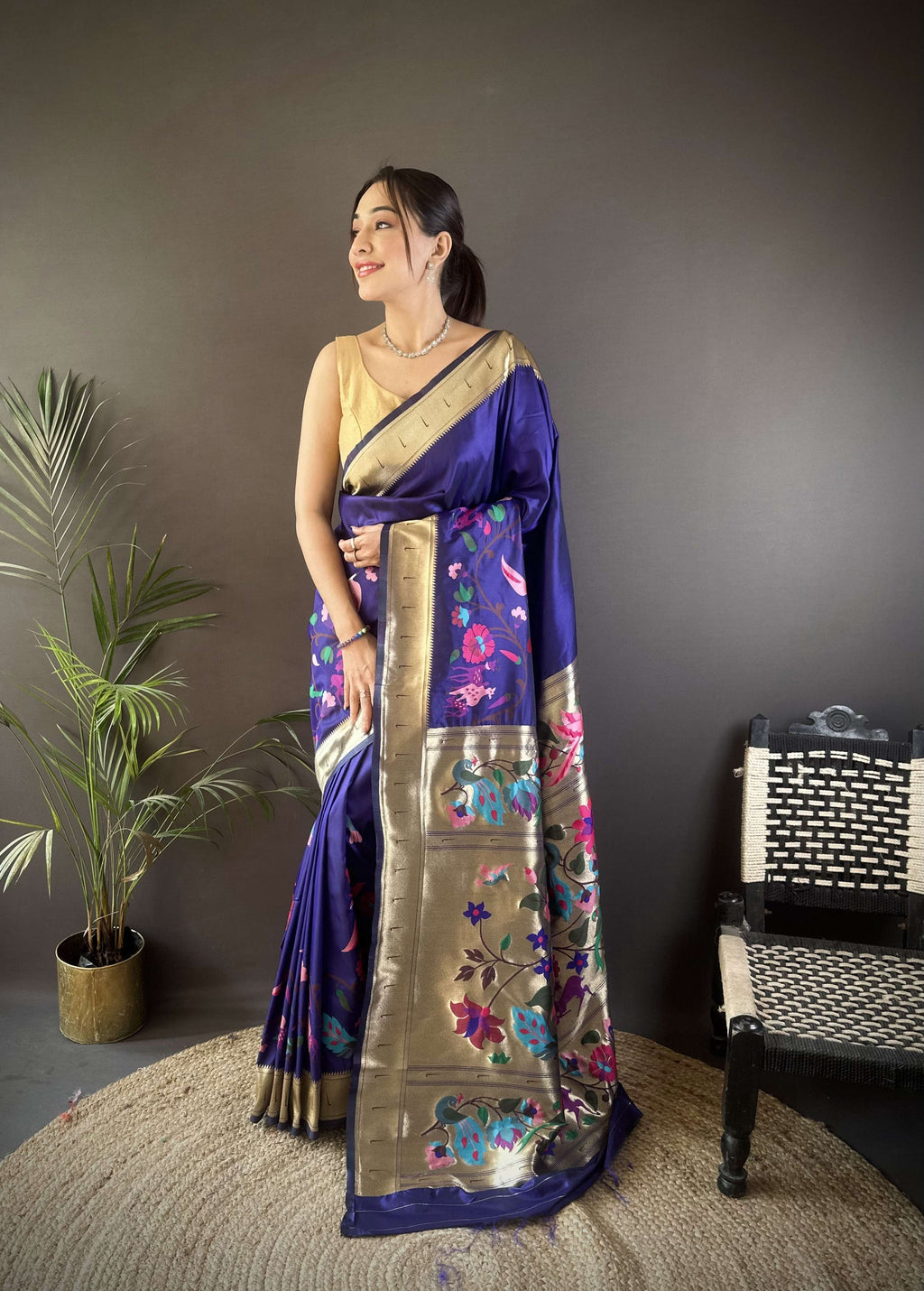 Sonakshi Women's Royal Blue Paithani Silk Zari Woven Traditional Saree with Blouse | Grocsy