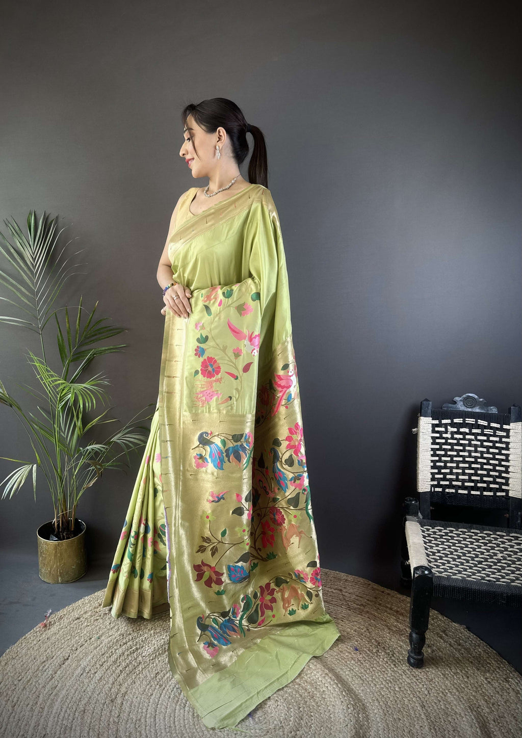 Sonakshi Women's Pista Paithani Silk Zari Woven Traditional Saree with Blouse | Grocsy