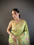 Sonakshi Women's Pista Paithani Silk Zari Woven Traditional Saree with Blouse | Grocsy