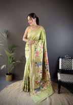 Sonakshi Women's Pista Paithani Silk Zari Woven Traditional Saree with Blouse | Grocsy