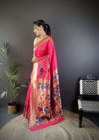 Sonakshi Women's Pink Paithani Silk Zari Woven Traditional Saree with Blouse | Grocsy