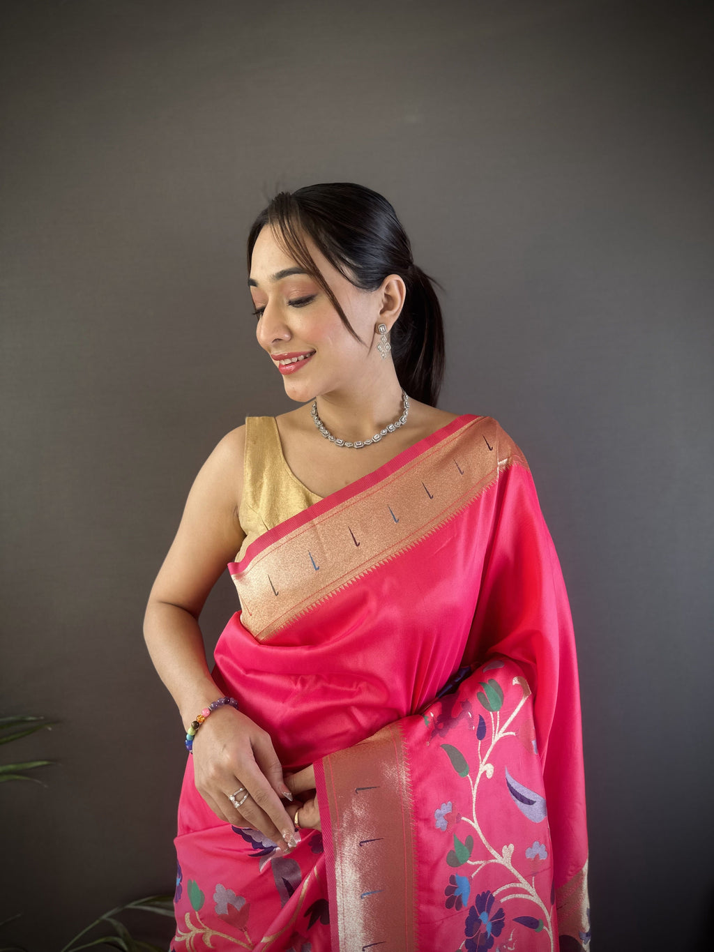 Sonakshi Women's Pink Paithani Silk Zari Woven Traditional Saree with Blouse | Grocsy