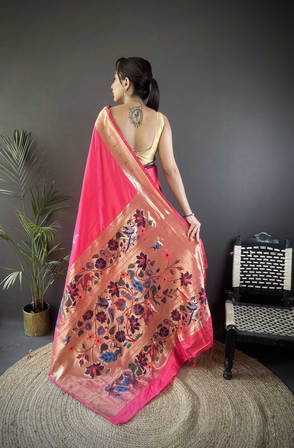 Sonakshi Women's Pink Paithani Silk Zari Woven Traditional Saree with Blouse | Grocsy