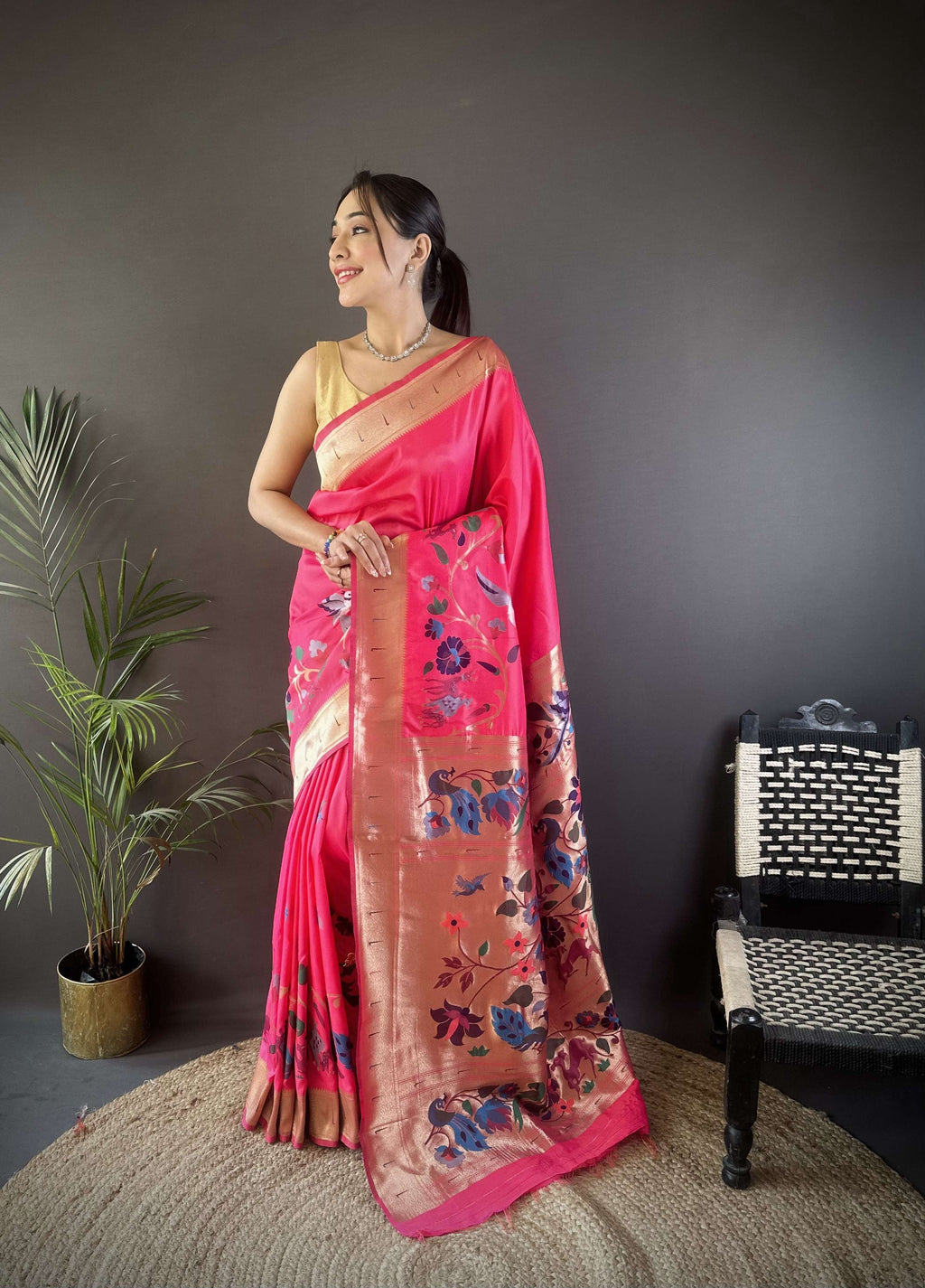 Sonakshi Women's Pink Paithani Silk Zari Woven Traditional Saree with Blouse | Grocsy