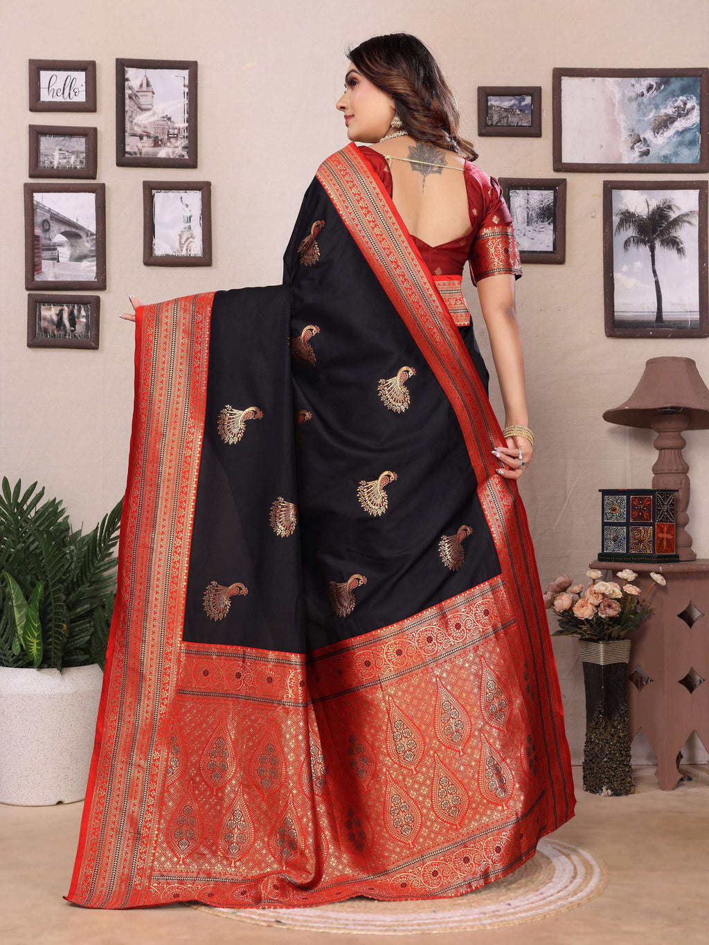 Sonakshi Women's Black Banarasi Silk Zari Woven Traditional Saree with Blouse | Grocsy