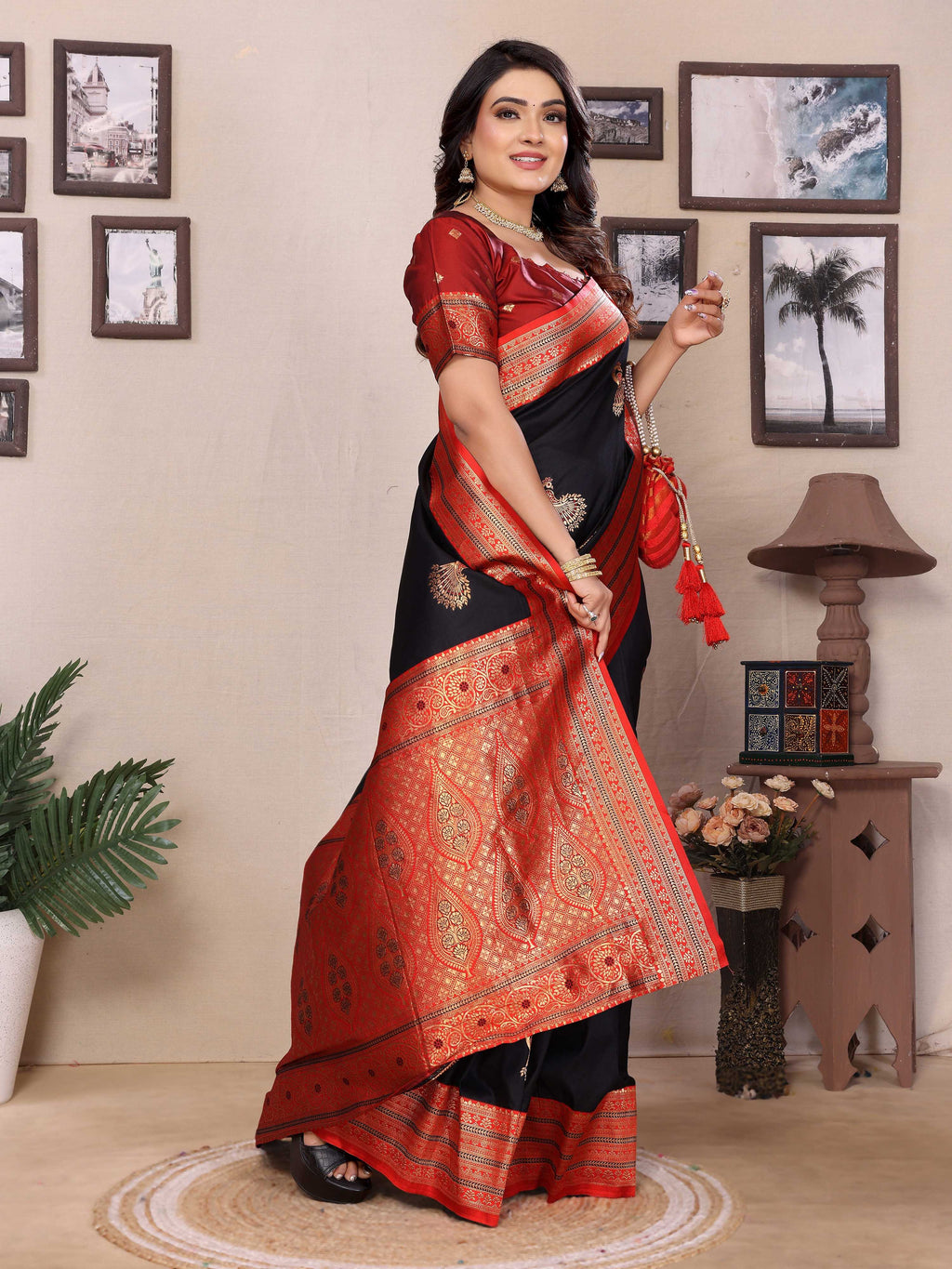 Sonakshi Women's Black Banarasi Silk Zari Woven Traditional Saree with Blouse | Grocsy