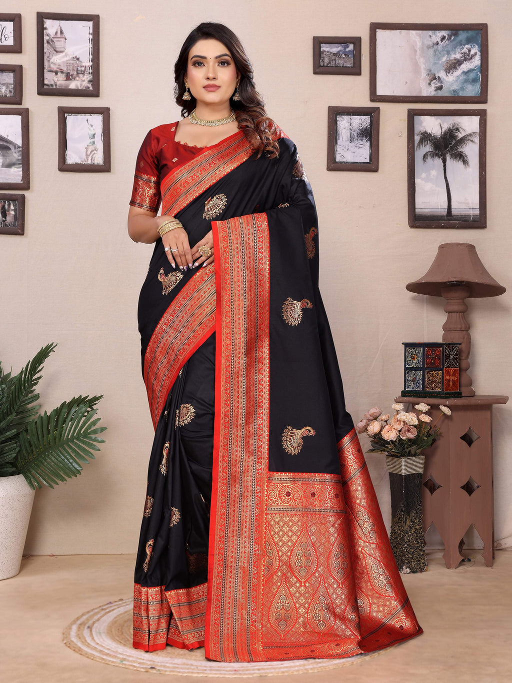 Sonakshi Women's Black Banarasi Silk Zari Woven Traditional Saree with Blouse | Grocsy