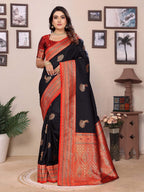 Sonakshi Women's Black Banarasi Silk Zari Woven Traditional Saree with Blouse | Grocsy