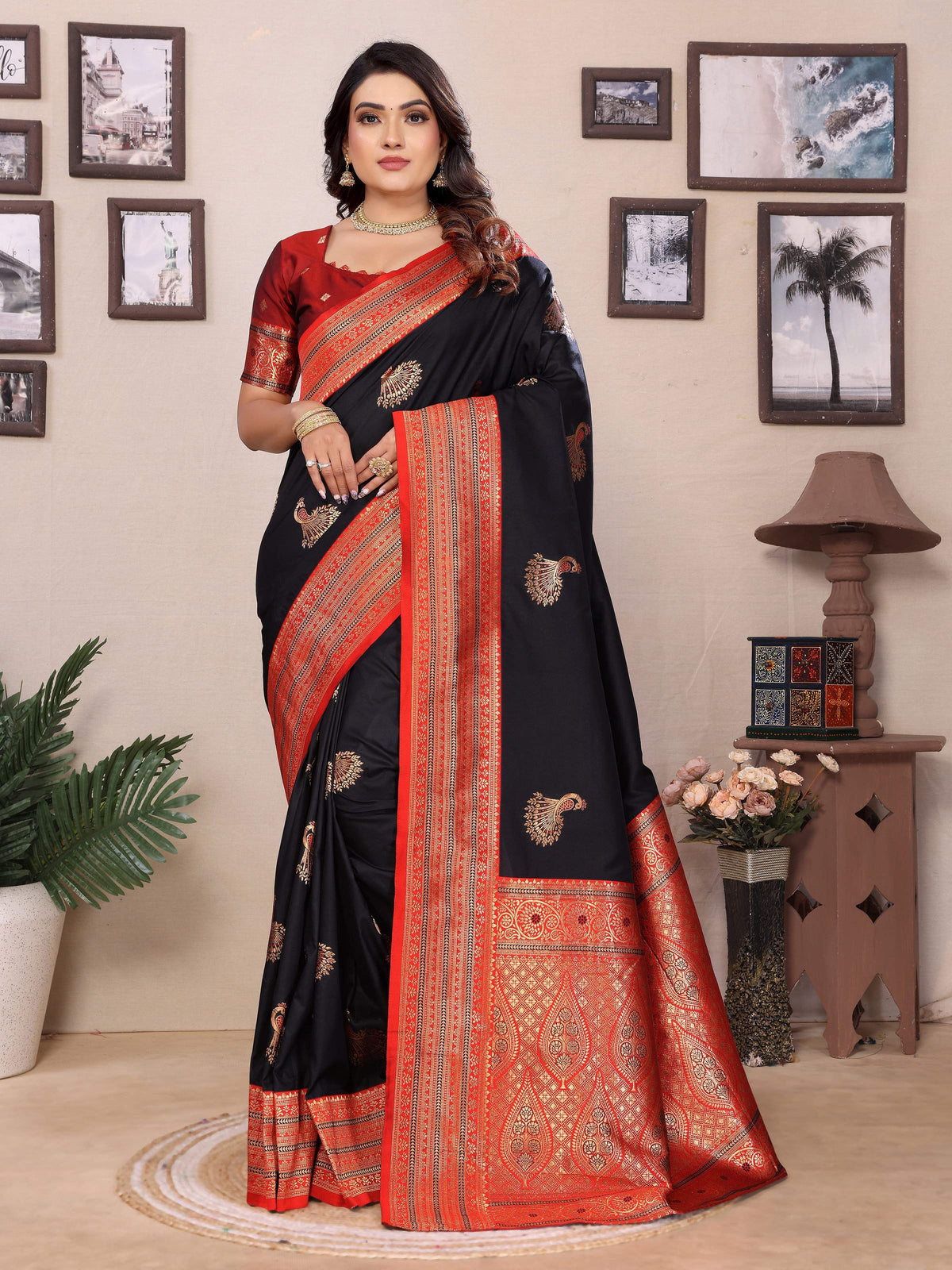 Sonakshi Women's Black Banarasi Silk Zari Woven Traditional Saree with Blouse | Grocsy