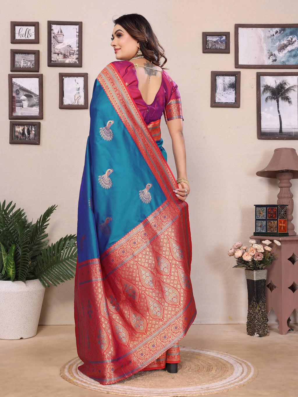 Sonakshi Women's Morepeach Banarasi Silk Zari Woven Traditional Saree with Blouse | Grocsy