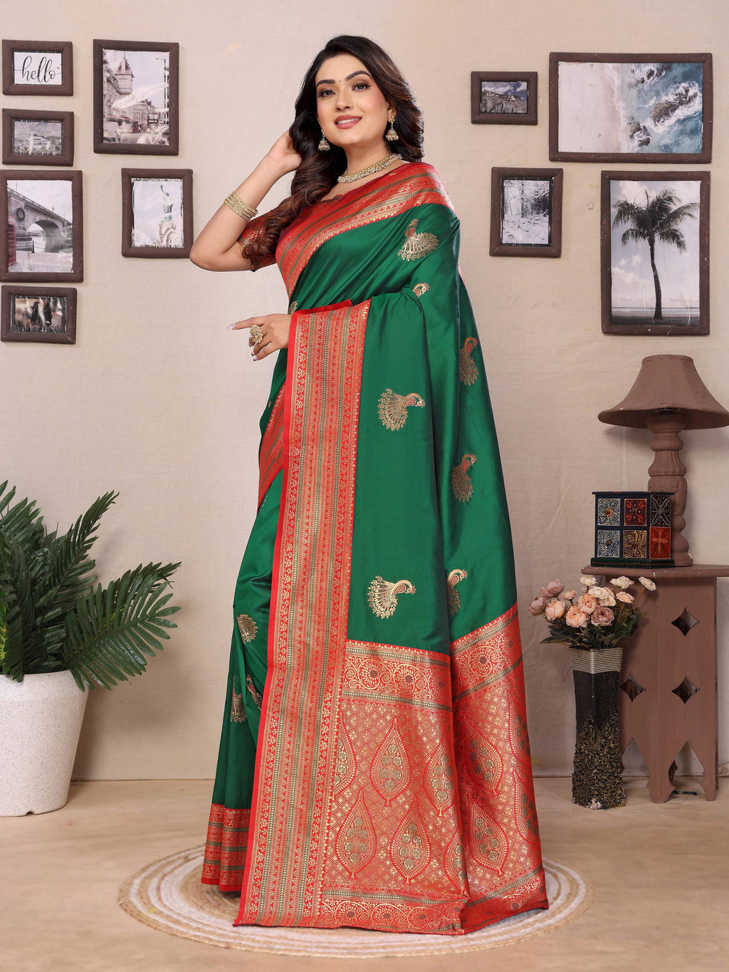 Sonakshi Women's Green Banarasi Silk Zari Woven Traditional Saree with Blouse | Grocsy