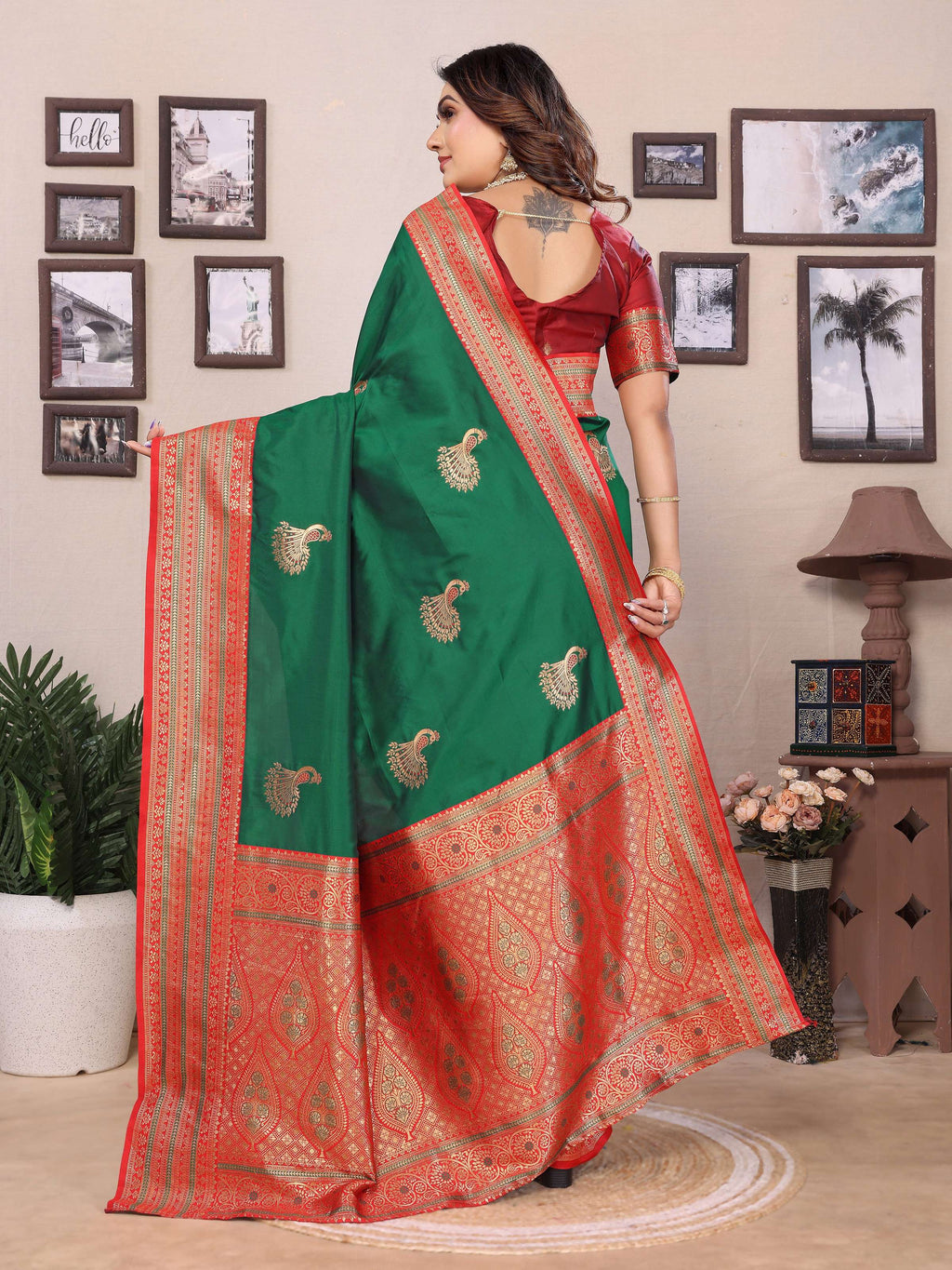 Sonakshi Women's Green Banarasi Silk Zari Woven Traditional Saree with Blouse | Grocsy