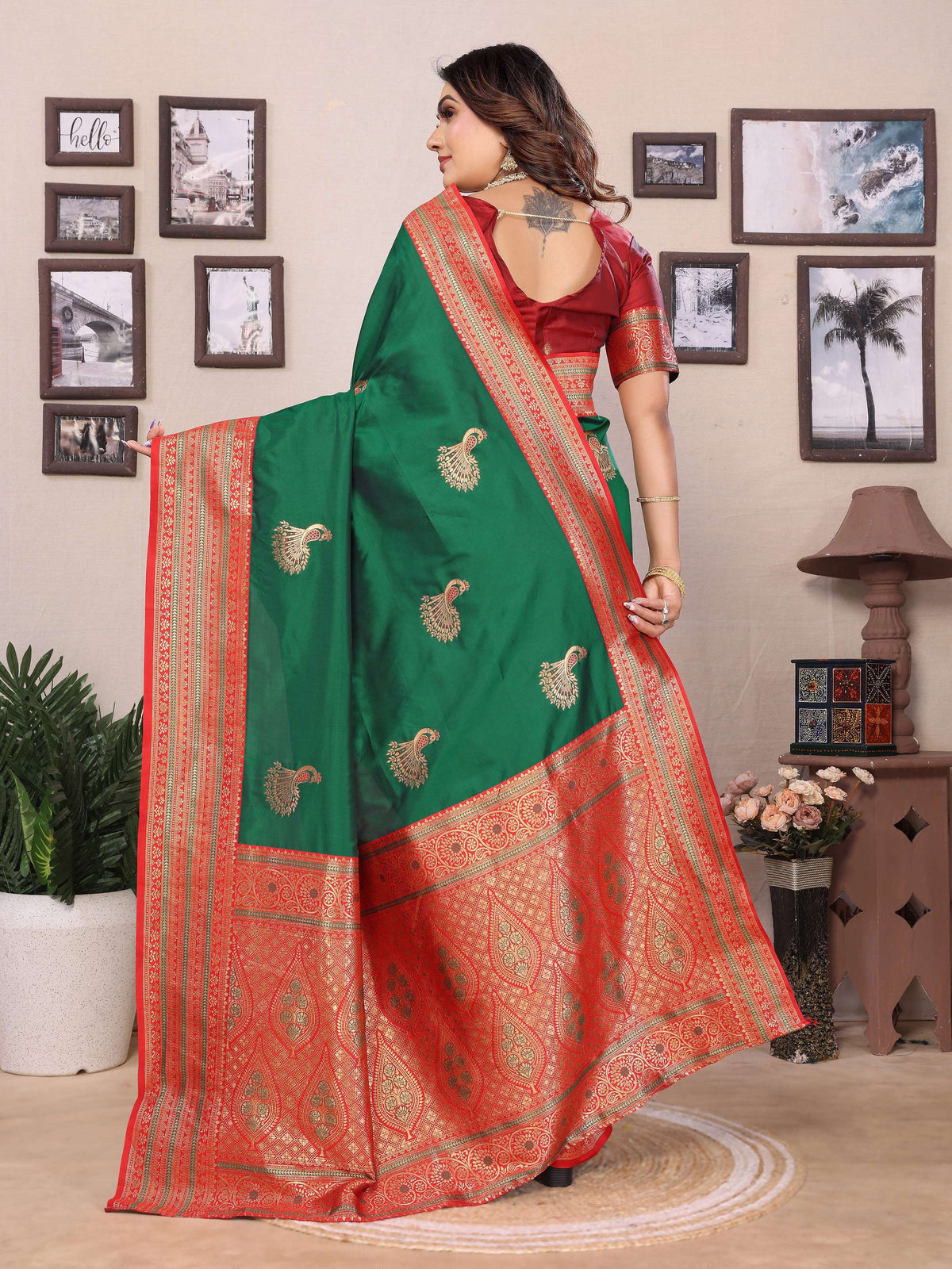 Sonakshi Women's Green Banarasi Silk Zari Woven Traditional Saree with Blouse | Grocsy