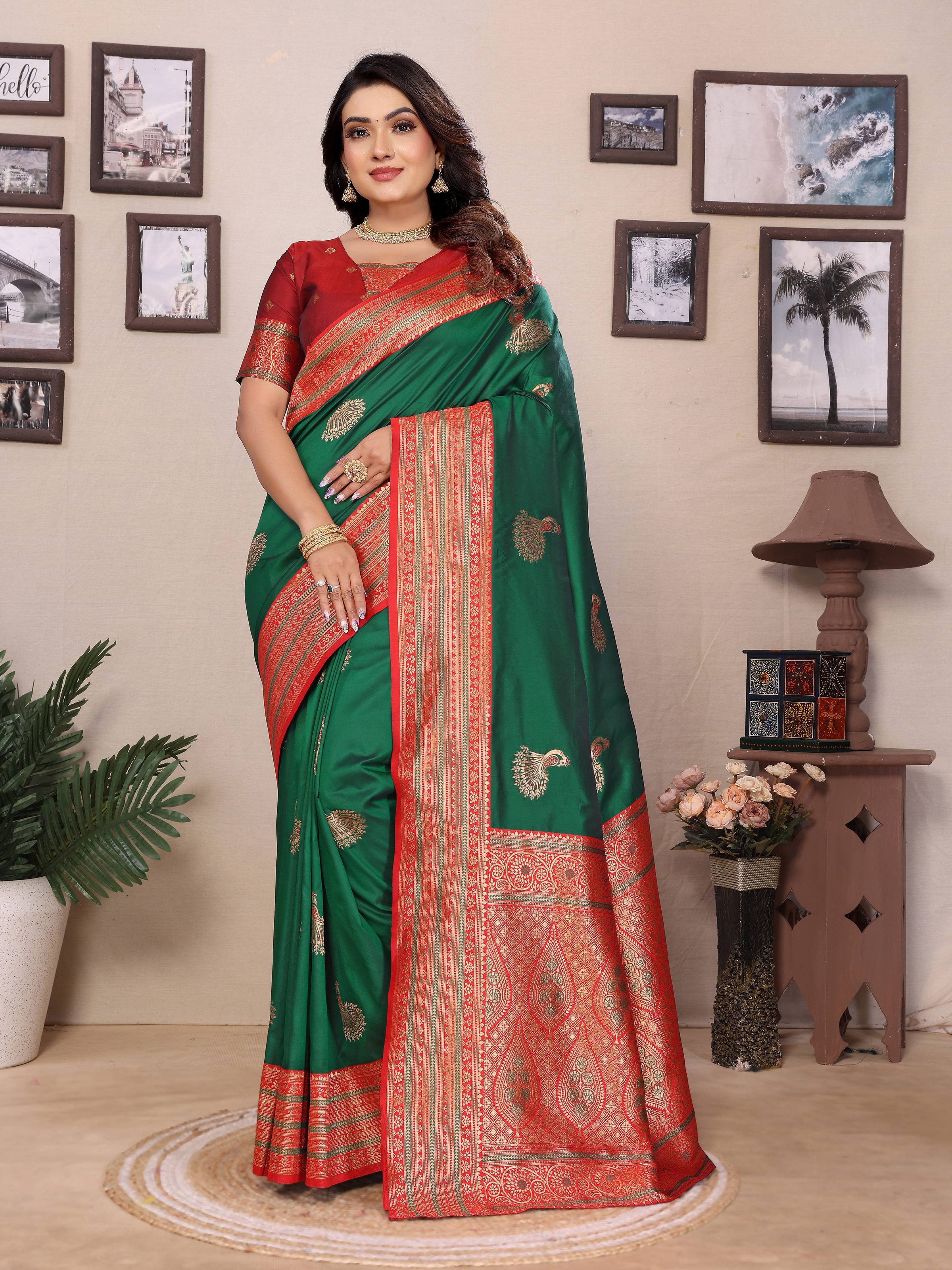 Sonakshi Women's Green Banarasi Silk Zari Woven Traditional Saree with Blouse | Grocsy