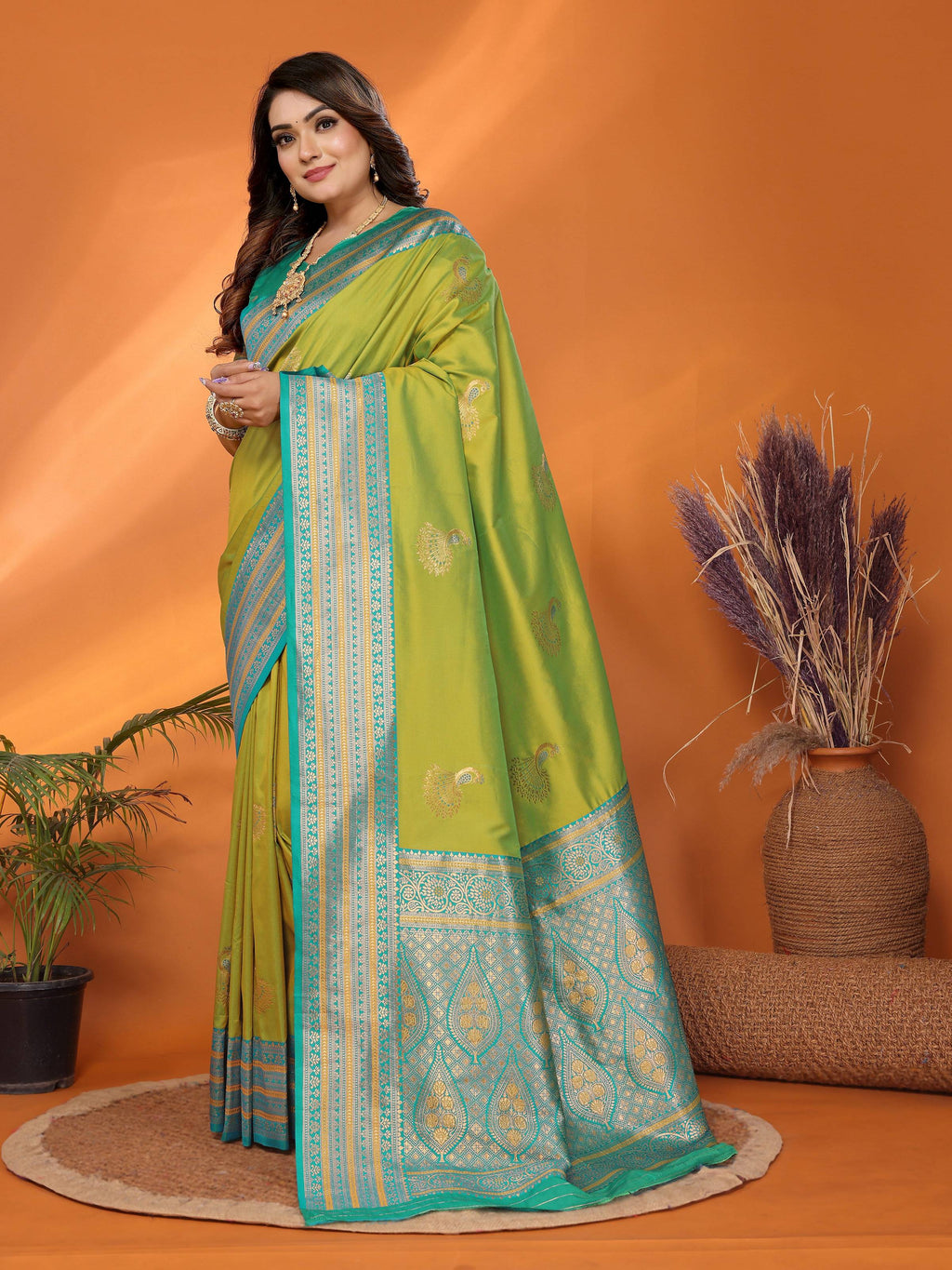 Sonakshi Women's Parrot Banarasi Silk Zari Woven Traditional Saree with Blouse | Grocsy