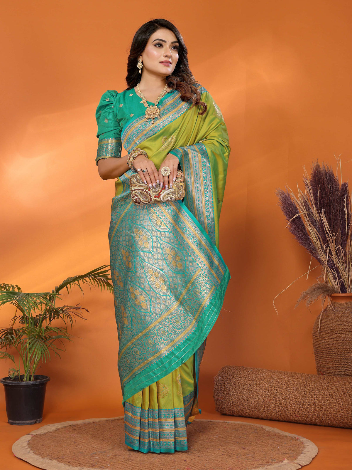 Sonakshi Women's Parrot Banarasi Silk Zari Woven Traditional Saree with Blouse | Grocsy