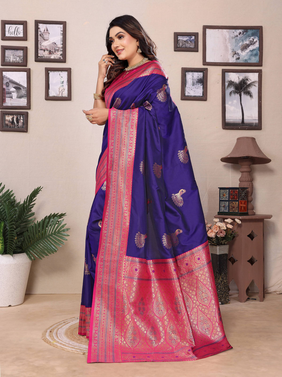 Sonakshi Women's Royal Blue Banarasi Silk Zari Woven Traditional Saree with Blouse | Grocsy
