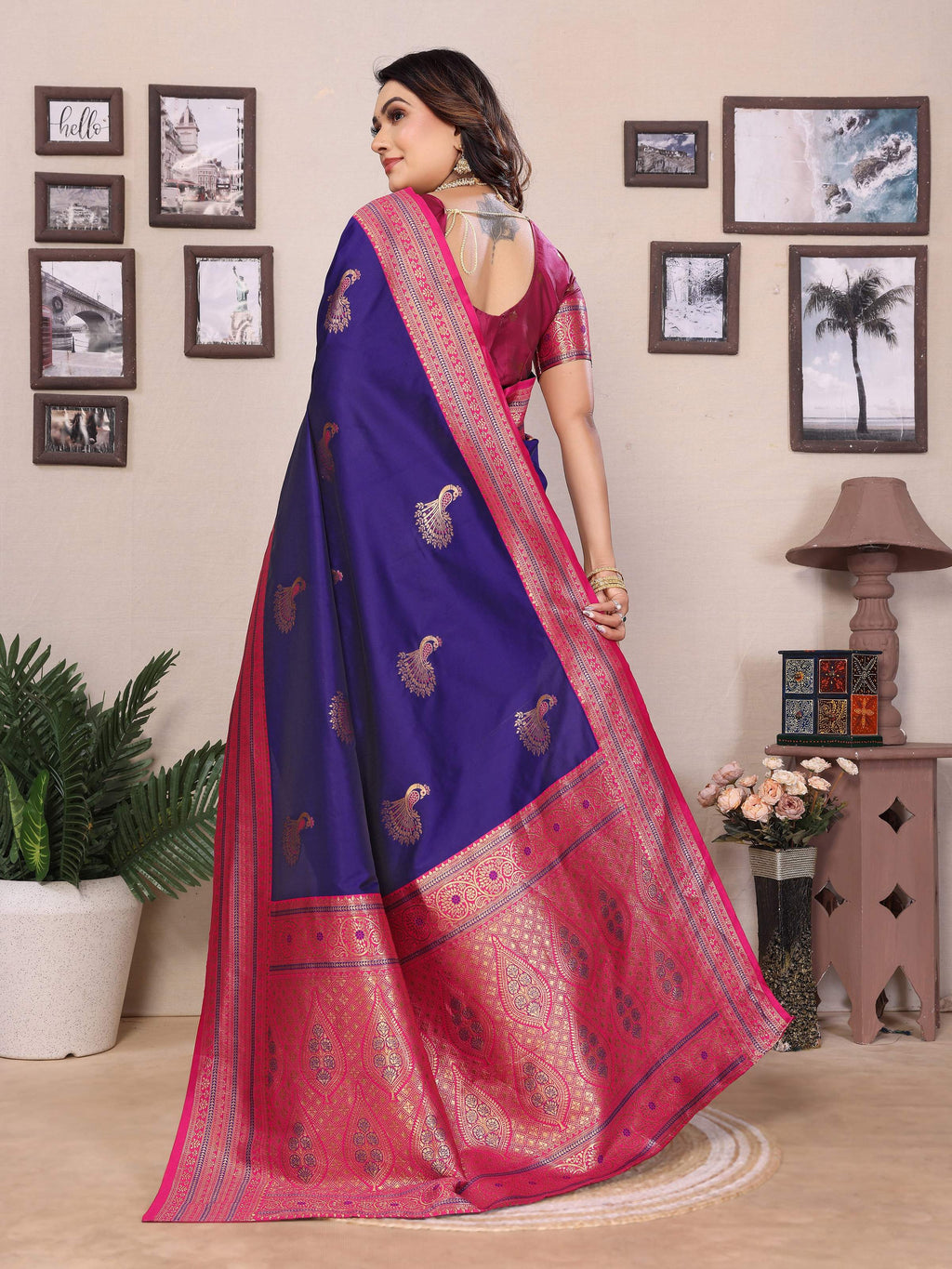 Sonakshi Women's Royal Blue Banarasi Silk Zari Woven Traditional Saree with Blouse | Grocsy