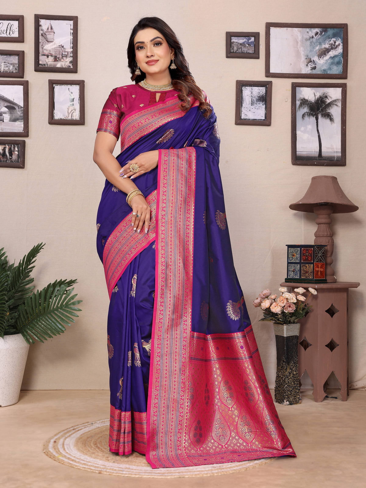 Sonakshi Women's Royal Blue Banarasi Silk Zari Woven Traditional Saree with Blouse | Grocsy