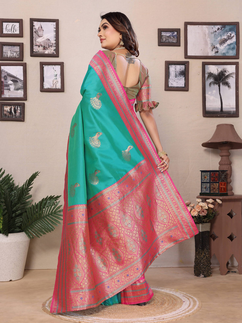 Sonakshi Women's Teal Banarasi Silk Zari Woven Traditional Saree with Blouse | Grocsy