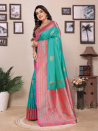 Sonakshi Women's Teal Banarasi Silk Zari Woven Traditional Saree with Blouse | Grocsy