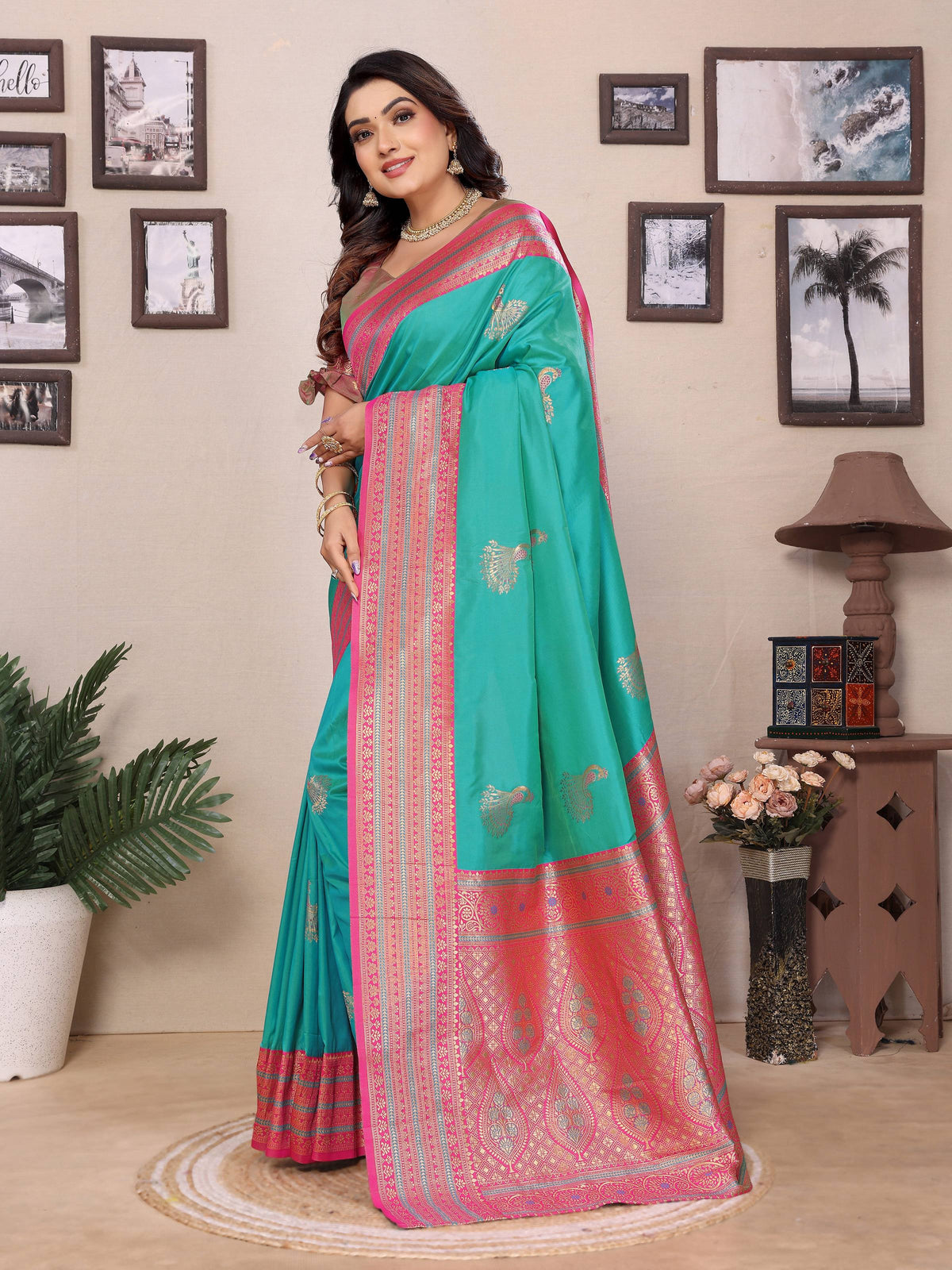 Sonakshi Women's Teal Banarasi Silk Zari Woven Traditional Saree with Blouse | Grocsy