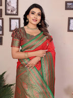 Sonakshi Women's Red Banarasi Silk Zari Woven Traditional Saree with Blouse | Grocsy