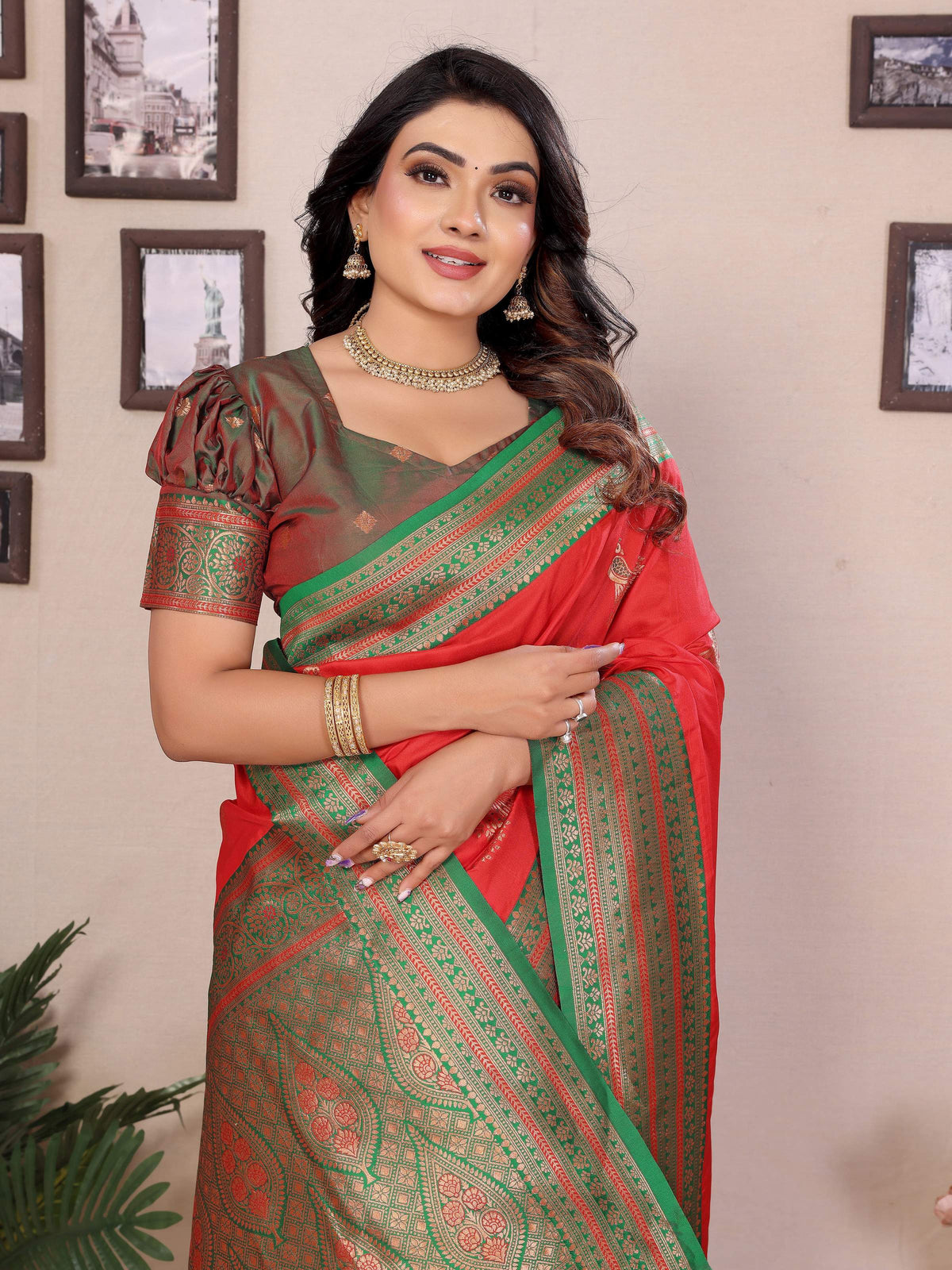 Sonakshi Women's Red Banarasi Silk Zari Woven Traditional Saree with Blouse | Grocsy