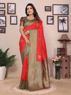 Sonakshi Women's Red Banarasi Silk Zari Woven Traditional Saree with Blouse | Grocsy