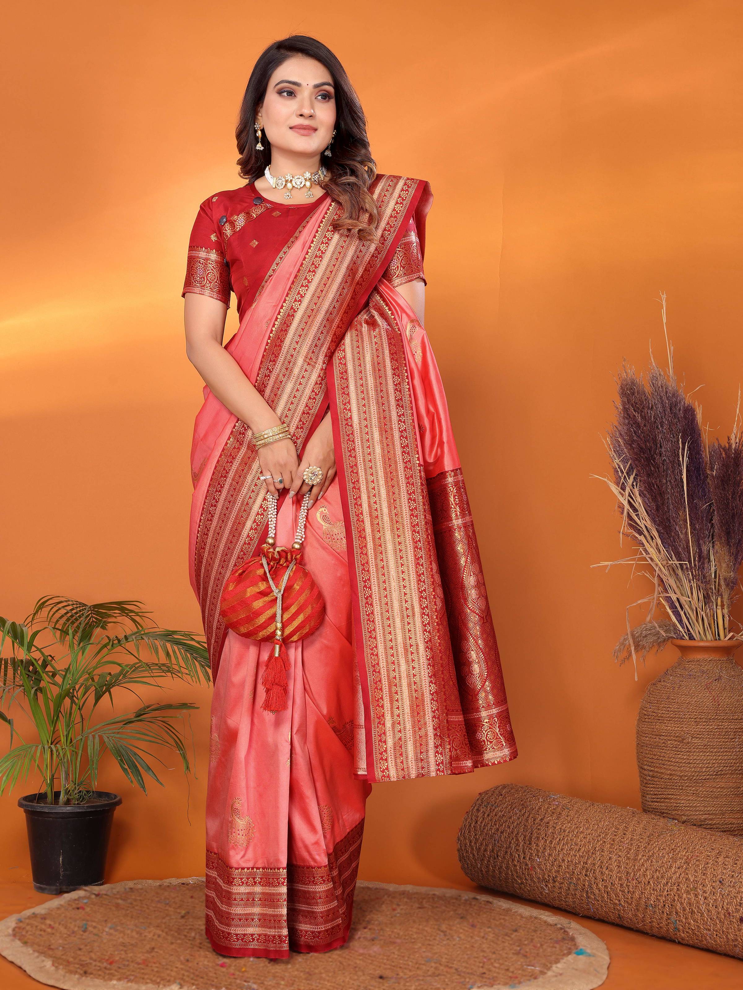 Sonakshi Women's Pink Banarasi Silk Zari Woven Traditional Saree with Blouse | Grocsy