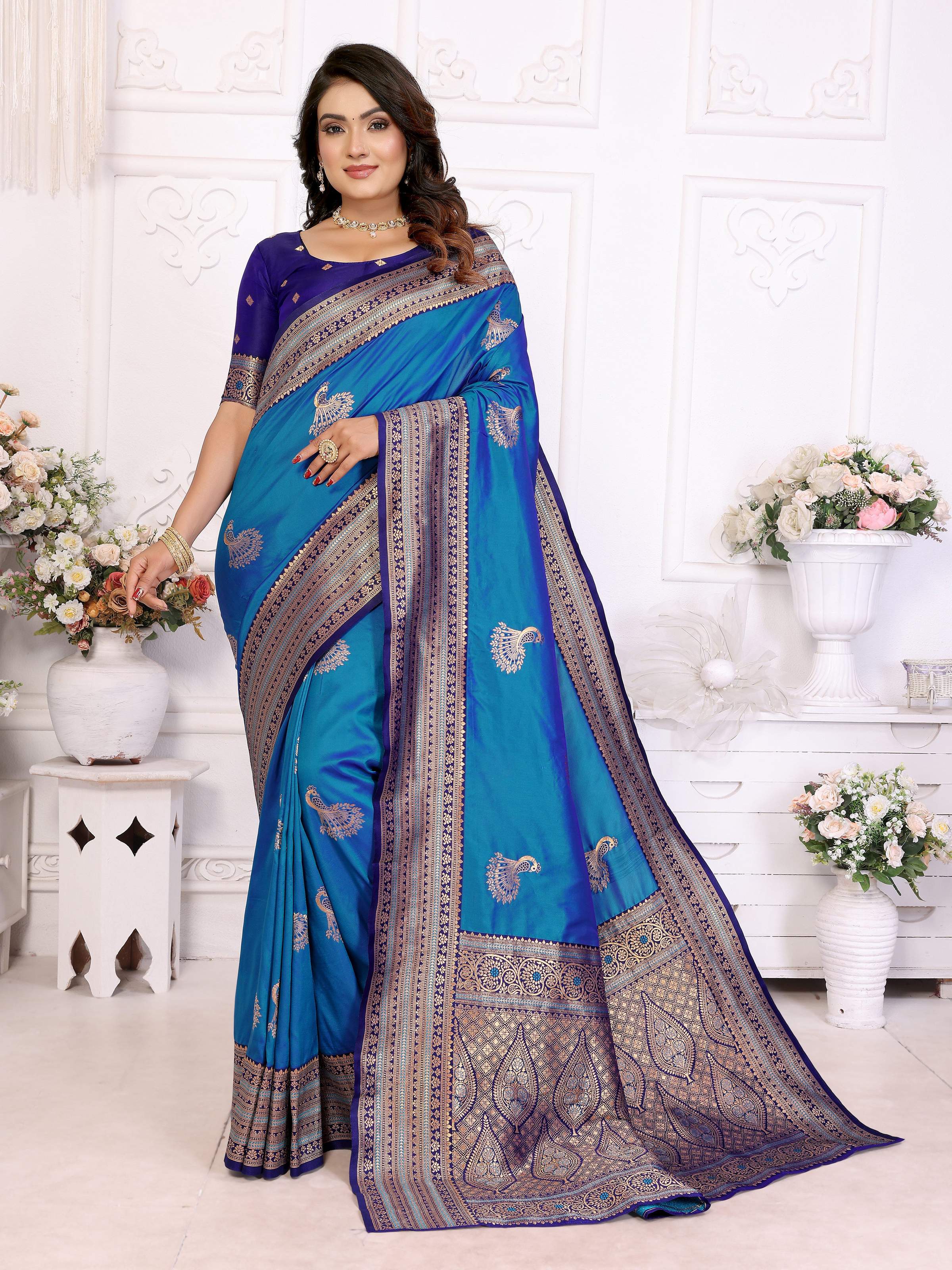 Sonakshi Women's Feroji Banarasi Silk Zari Woven Traditional Saree with Blouse | Grocsy