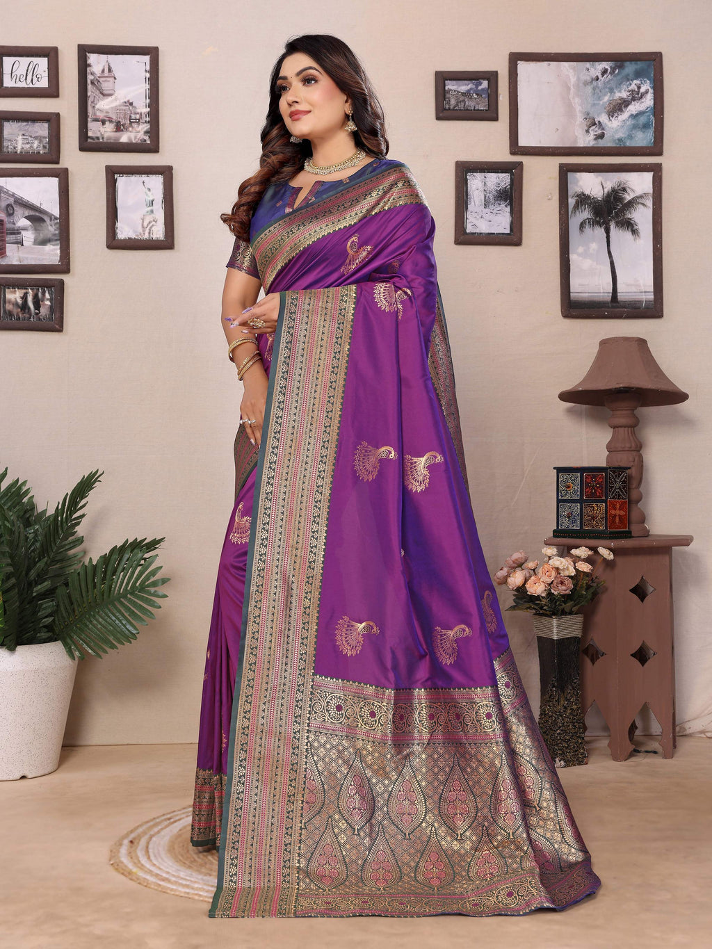 Sonakshi Women's Purple Banarasi Silk Zari Woven Traditional Saree with Blouse | Grocsy